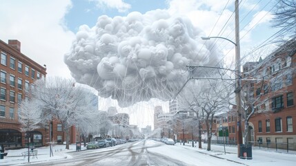 Surreal Cloud Floating Over City Street After Snowfall