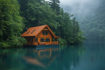 Fototapeta premium Serene wooden cabin on tranquil lake surrounded by lush green forest in early morning light