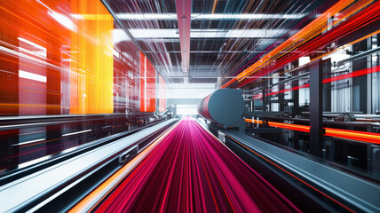 Fototapeta premium A modern textile factory bustling with activity, featuring high-speed machines spinning vibrant threads into colorful fabrics, showcasing the dynamic process of fabric production.