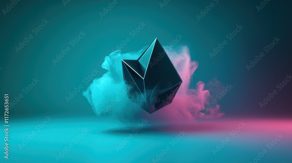 Poster a geometric shape floating in colorful smoke against a gradient background.