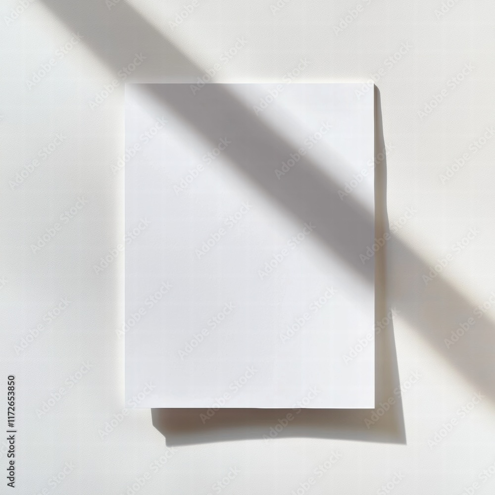 Poster clean white sheet of paper with soft shadow resting on a light surface in a calm environment. genera