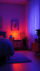 A cozy bedroom illuminated with colorful lights, featuring plants and decorative elements.