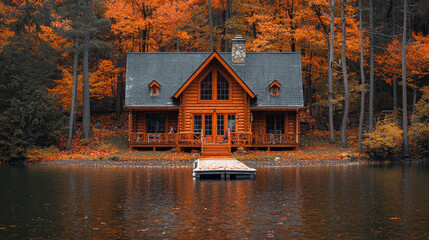 Fototapeta premium Lakeside cabin nestled in autumn forest with dock