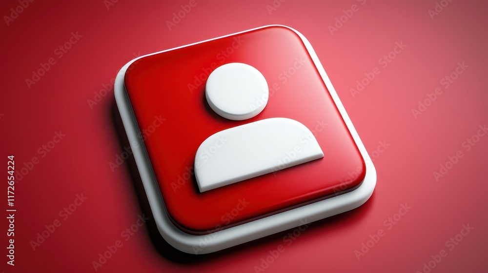 Poster red and white button with person icon, symbol of user access, control and digital interface