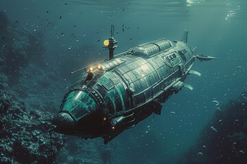 Obraz premium Beautiful large bathyscaphe floating in middle of deep ocean during exploration, abstract vivid composition consists of fictional unreal fantastic vision on background