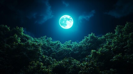 A serene night landscape featuring a bright full moon over lush green trees.