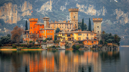 Obraz premium Colorful island castle with towers reflected in lake, misty mountains backdrop, potential tourism ad