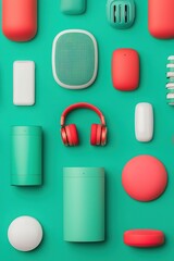Obraz premium Voice Commerce Colorful tech accessories arranged on a bright teal background, featuring headphones, cases, and various gadgets in vibrant hues.