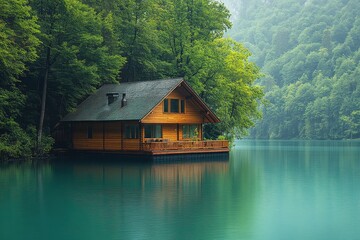 Obraz premium Serene wooden cabin on a tranquil lake surrounded by lush greenery in the early morning mist