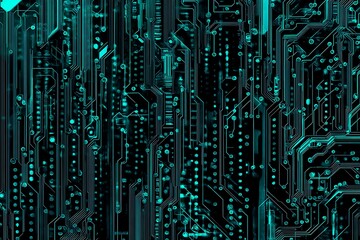 Abstract close-up of a glowing blue digital circuit board, showcasing intricate connections and technological design on a black background.
