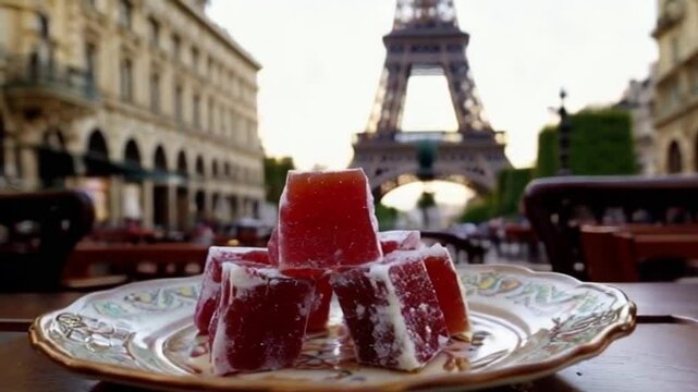 Turkish Delight served plate Paris Eiffel Tower blurred camera captures elegance or Turkish Delight Paris Eiffel Tower elegance