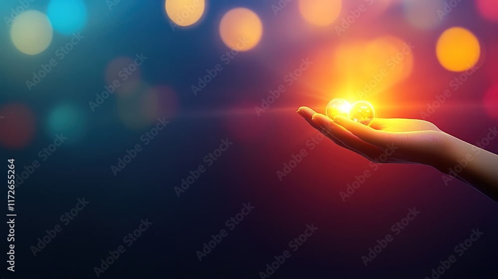 Poster hand holding sparkling light with colorful bokeh background