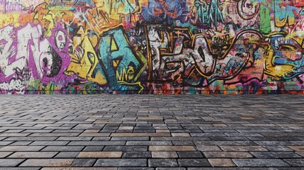Naklejka premium Vibrant urban graffiti adorns a textured wall beside a cobblestone floor in a lively city setting