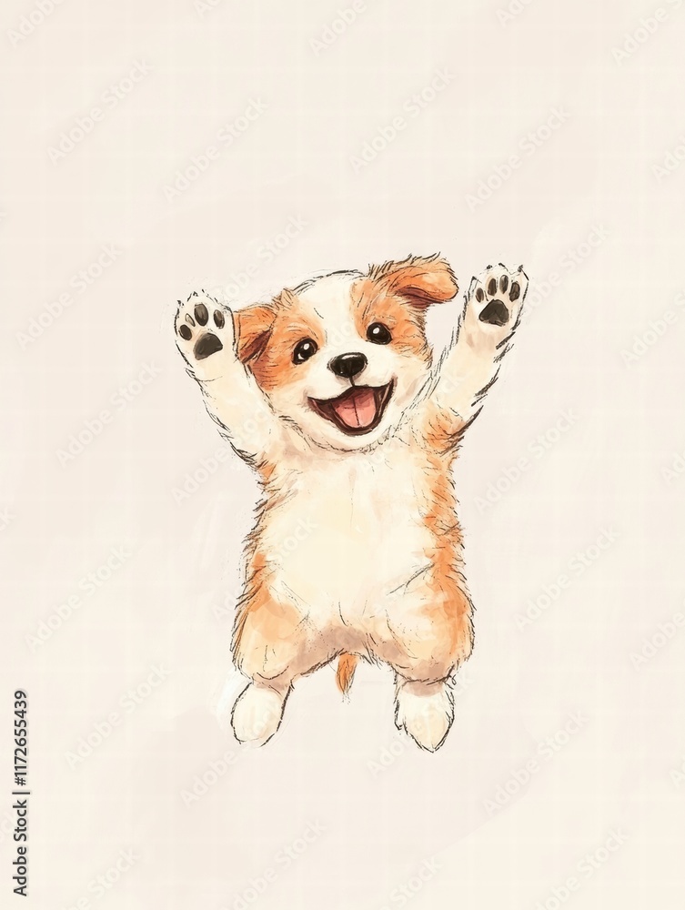 Aufkleber joyful puppy jumping happily in a playful moment with bright expression and fluffy fur on a soft bac