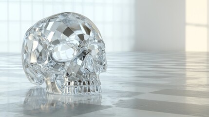 Intricate crystal skull resting on a polished floor in a bright, minimalistic room with ample natural light