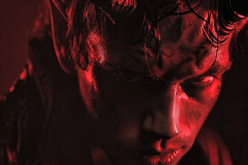 Scary sinister devil is in hell with dramatic bright fire lighting, abstract vivid composition consists of fictional unreal fantastic vision on background
