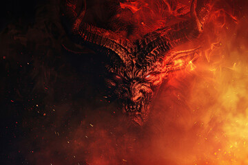 Scary sinister devil is in hell with dramatic bright fire lighting, abstract vivid composition consists of fictional unreal fantastic vision on background