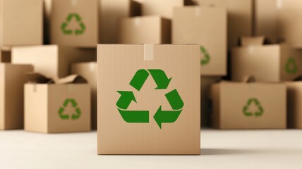Sustainability, Eco friendly products and packaging. Cardboard boxes with a green recycling symbol, emphasizing sustainability and eco-friendliness.