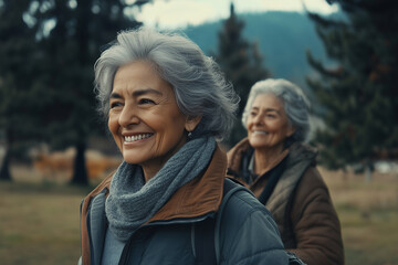 Fototapeta premium Portrait of two middle-aged women smiling and walking in the wilderness, with trees and mountains in the background