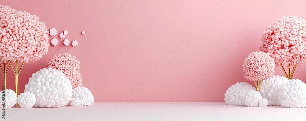 Poster minimal skies idea. whimsical pastel scene with pink trees and fluffy clouds against a soft pink bac