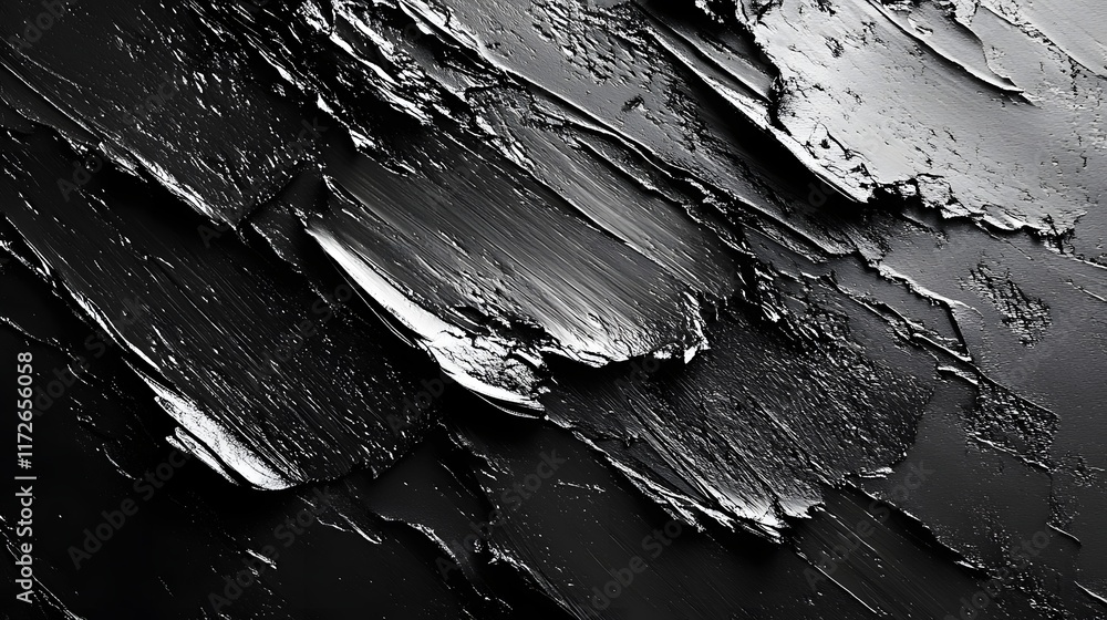 Poster Abstract Black and White Backgrounds. Close-up view of an abstract black texture resembling thick, layered paint strokes. The image is monochromatic, emphasizing the depth and shadows  texture.