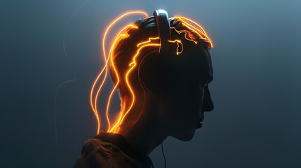 Silhouette of Person with Glowing Headphone Wires, Dark Background