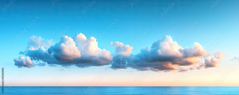 Poster minimal skies idea. a serene sky with soft clouds drifting over a calm ocean at sunset.