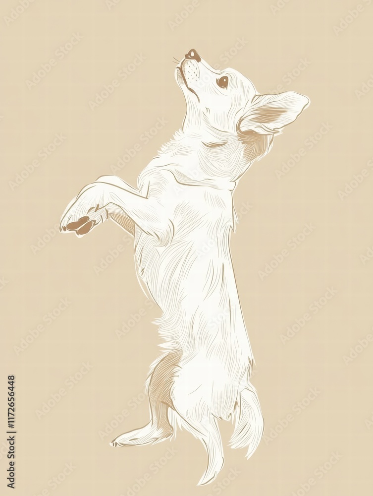 Aufkleber joyful puppy illustrated standing on its hind legs in a playful pose against a soft beige background