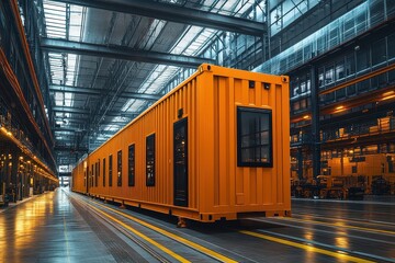 Bright orange shipping container inside a large industrial warehouse during daylight