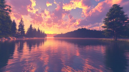 1. A serene sunset view over a calm lake, with vibrant colors reflecting off the water