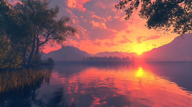 1. A serene sunset view over a calm lake, with vibrant colors reflecting off the water