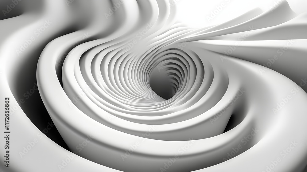 Aufkleber Abstract Black and White Backgrounds. An abstract 3D render of a swirling white tunnel. Intertwining curves and circular forms create a dynamic and visually interesting image.