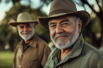 Portrait of two happy hispanic senior men wearing hats and shirts outdoors. 
