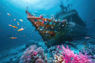 Underwater view of an old sunken ship on seabed with fish swimming around, abstract vivid composition consists of fictional unreal fantastic vision on background