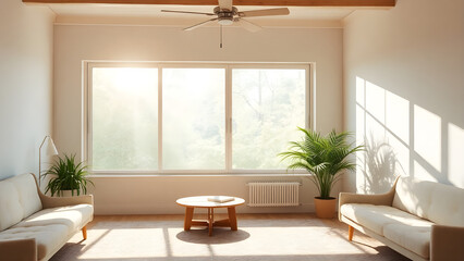 Sunshine streaming through a large picture window, highlighting soft pastel colors in the room.