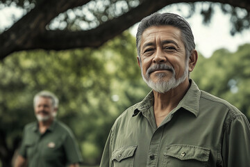 Fototapeta premium A middle-aged Hispanic man with gray hair. In the background, there is a forest and his friend.