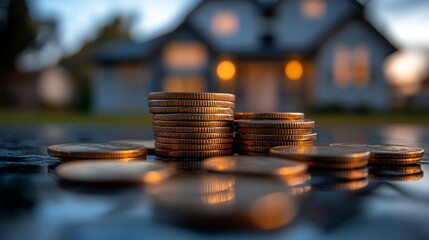 Financial Goals: Saving for a House, Coins and Home in the Background