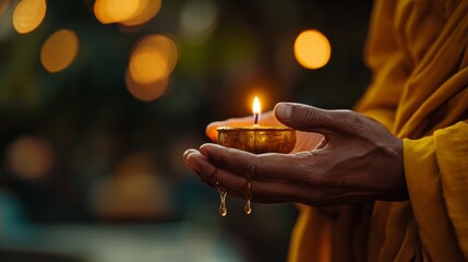 Monks Gently Cradling Candle with Soft Light in Close Up View