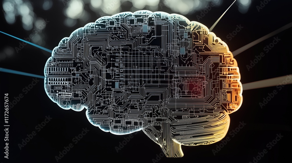 Poster futuristic brain design featuring circuit patterns and vibrant colors