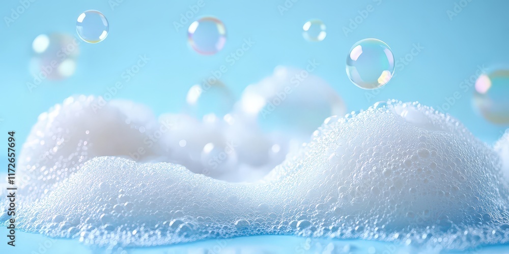 Aufkleber close-up of soft soap foam and colorful bubbles created from shampoo on a light blue background for 