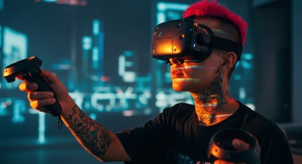 Tattooed Gamer Wearing VR Headset Holding Controllers in a Cyberpunk Room