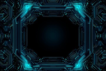 Abstract close-up of a glowing blue digital circuit board, showcasing intricate connections and technological design on a black background.
