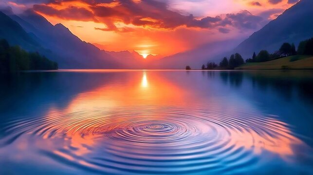 23. A picturesque sunset over a calm lake, with soft ripples on the water and vibrant colors in the sky