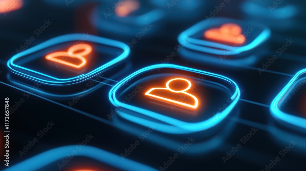 Poster glowing keyboard keys in the dark, closeup view of illuminated technology