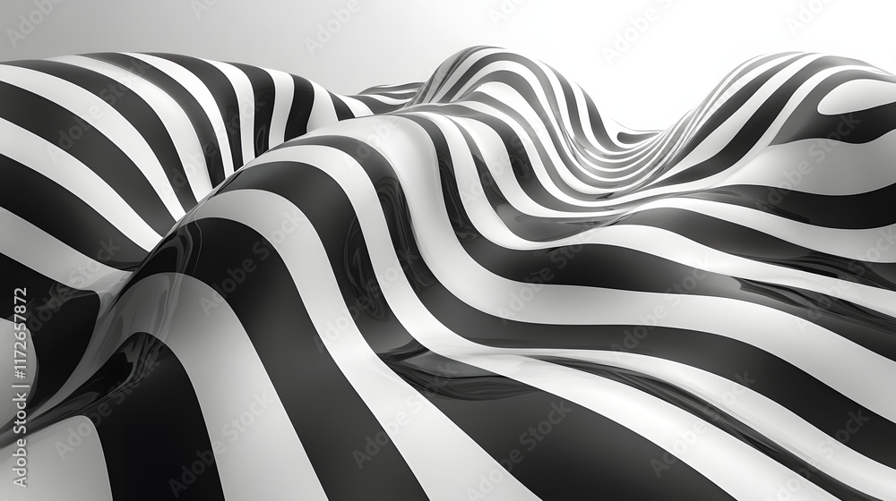 Aufkleber Abstract Black and White Backgrounds. 3D rendered abstract image featuring wavy black and white stripes creating a sense of depth and movement.