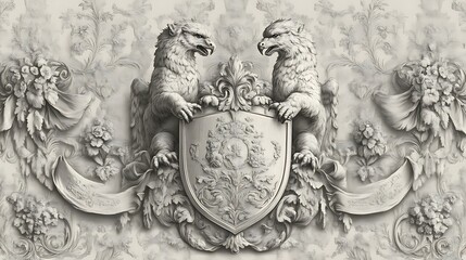Griffins Guarding An Ornate Heraldic Shield Design