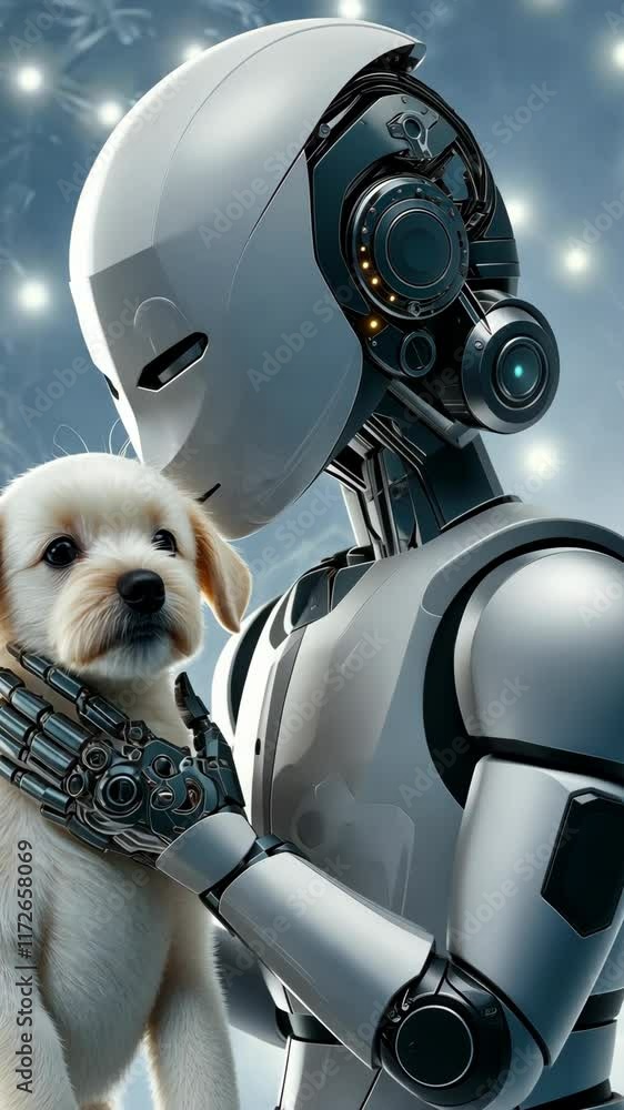 Poster a robot gently engages with an adorable puppy, highlighting the emerging connection between advanced