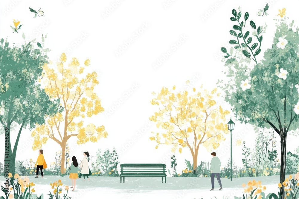 Poster playful doodle of a sunny park with colorful trees and people enjoying nature walks in a serene sett