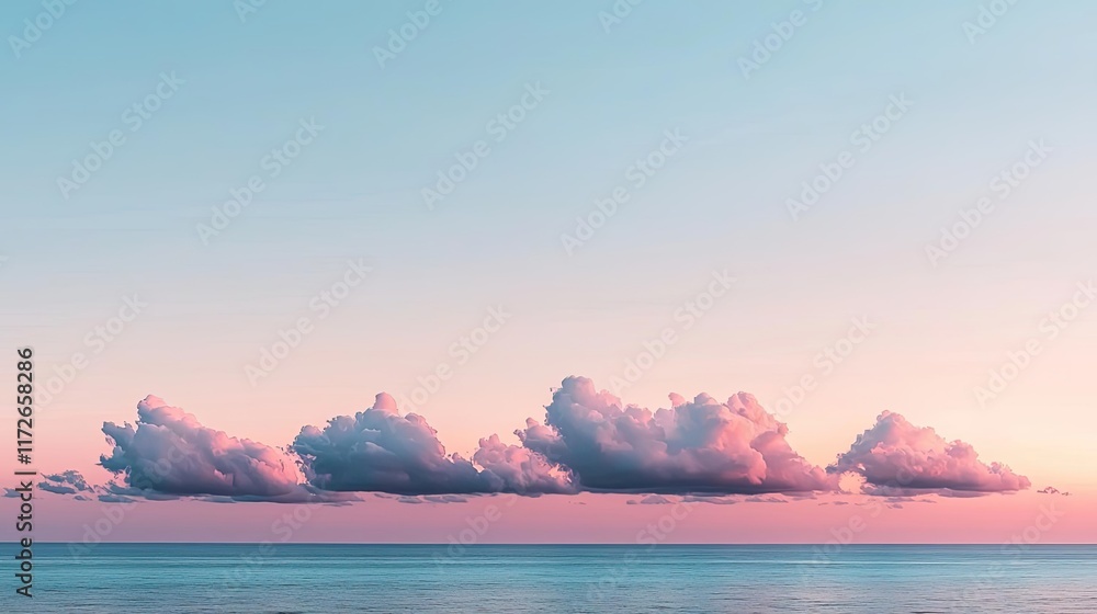 Poster minimal skies idea. serene ocean view at sunset with soft clouds painted in hues of pink and blue.