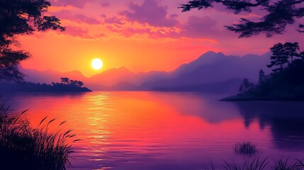 14. A tranquil lake at dusk, with the setting sun painting the sky in shades of orange, pink, and purple
